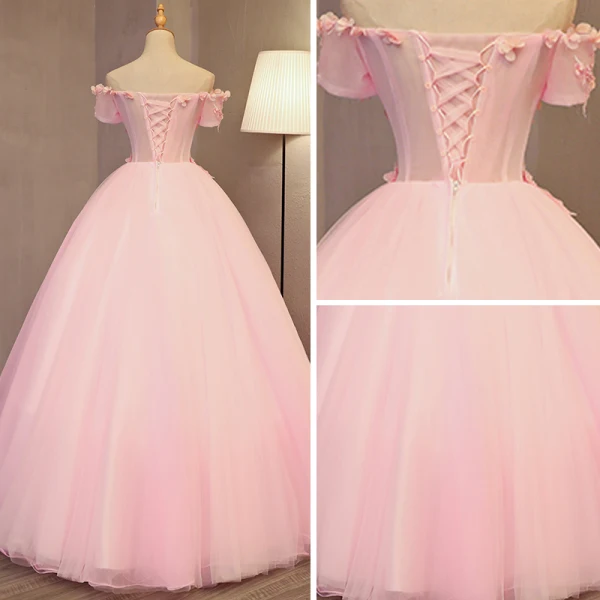Charmant Perle Rose Robe De Bal 2017 Robe Boule De l'épaule Manches Courtes Appliques Fleur Perle Faux Diamant Longue Dos Nu Robe De Ceremonie
