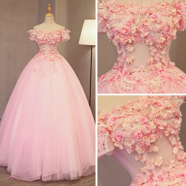 Charmant Perle Rose Robe De Bal 2017 Robe Boule De l'épaule Manches Courtes Appliques Fleur Perle Faux Diamant Longue Dos Nu Robe De Ceremonie