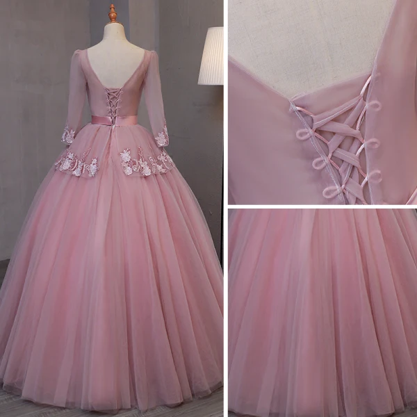 Vintage Blushing Pink Prom Dresses 2017 Ball Gown V-Neck Long Sleeve Appliques Lace Floor-Length / Long Ruffle Backless Formal Dresses