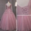Vintage Blushing Pink Prom Dresses 2017 Ball Gown V-Neck Long Sleeve Appliques Lace Floor-Length / Long Ruffle Backless Formal Dresses
