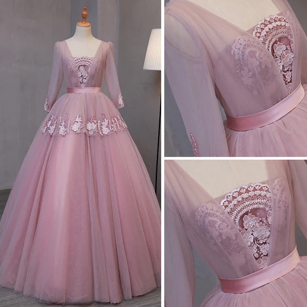 Vintage Blushing Pink Prom Dresses 2017 Ball Gown V-Neck Long Sleeve Appliques Lace Floor-Length / Long Ruffle Backless Formal Dresses