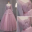 Vintage Blushing Pink Prom Dresses 2017 Ball Gown V-Neck Long Sleeve Appliques Lace Floor-Length / Long Ruffle Backless Formal Dresses
