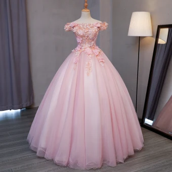 Lovely Blushing Pink Prom Dresses 2017 Ball Gown Off The Shoulder Short Sleeve Lace Appliques Flower Pearl Floor Length Long Ruffle Backless Formal Dresses