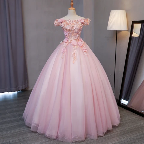 Lovely Blushing Pink Prom Dresses 2017 Ball Gown Off-The-Shoulder Short Sleeve Lace Appliques Flower Pearl Floor-Length / Long Ruffle Backless Formal Dresses