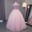 Lovely Blushing Pink Prom Dresses 2017 Ball Gown Off-The-Shoulder Short Sleeve Lace Appliques Flower Pearl Floor-Length / Long Ruffle Backless Formal Dresses