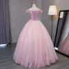 Lovely Blushing Pink Prom Dresses 2017 Ball Gown Off-The-Shoulder Short Sleeve Lace Appliques Flower Pearl Floor-Length / Long Ruffle Backless Formal Dresses
