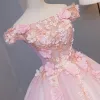 Lovely Blushing Pink Prom Dresses 2017 Ball Gown Off-The-Shoulder Short Sleeve Lace Appliques Flower Pearl Floor-Length / Long Ruffle Backless Formal Dresses
