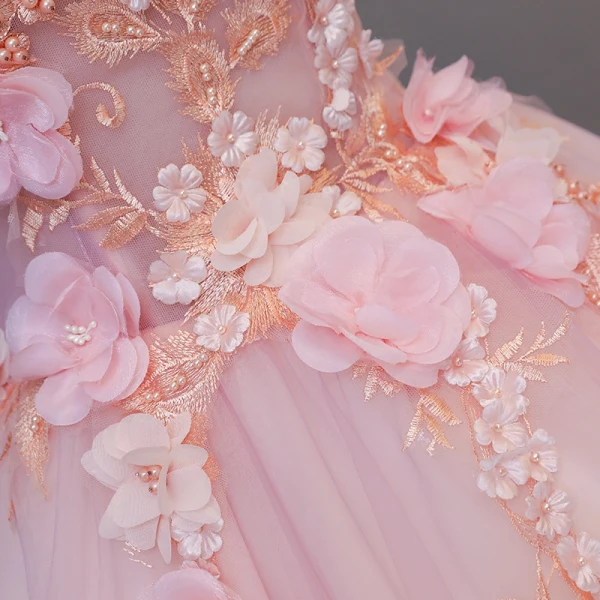 Lovely Blushing Pink Prom Dresses 2017 Ball Gown Off-The-Shoulder Short Sleeve Lace Appliques Flower Pearl Floor-Length / Long Ruffle Backless Formal Dresses