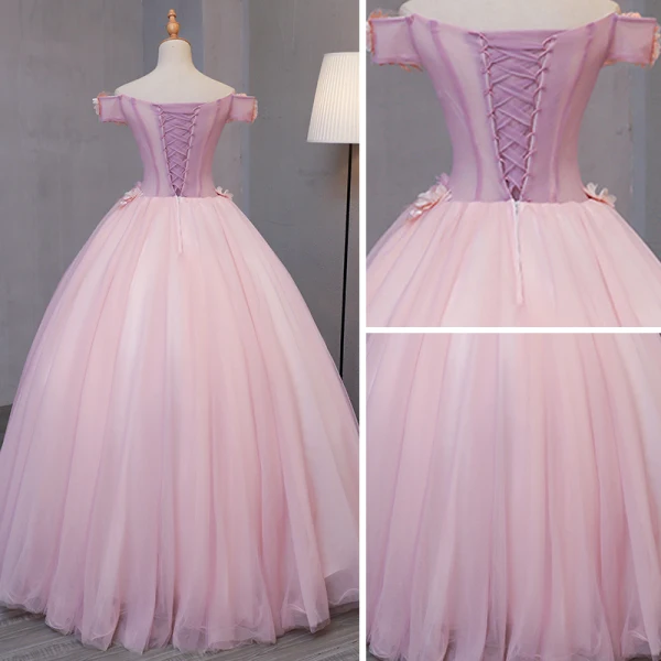 Lovely Blushing Pink Prom Dresses 2017 Ball Gown Off-The-Shoulder Short Sleeve Lace Appliques Flower Pearl Floor-Length / Long Ruffle Backless Formal Dresses