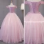 Lovely Blushing Pink Prom Dresses 2017 Ball Gown Off-The-Shoulder Short Sleeve Lace Appliques Flower Pearl Floor-Length / Long Ruffle Backless Formal Dresses