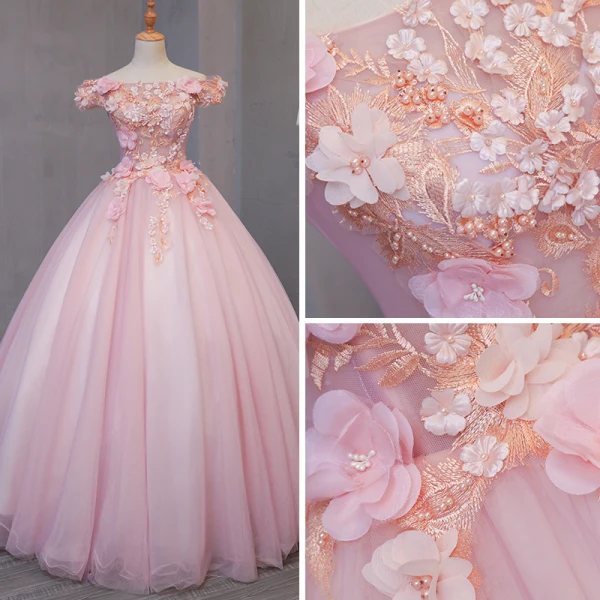 Lovely Blushing Pink Prom Dresses 2017 Ball Gown Off-The-Shoulder Short Sleeve Lace Appliques Flower Pearl Floor-Length / Long Ruffle Backless Formal Dresses