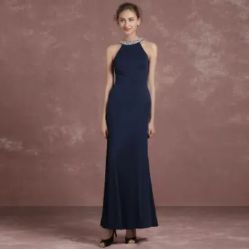 Simple Bleu Marine Robe De Soirée 2018 Trompette Sirène Col Haut Bustier Sans Manches Paillettes Perlage Perle Longueur Cheville Robe De Ceremonie
