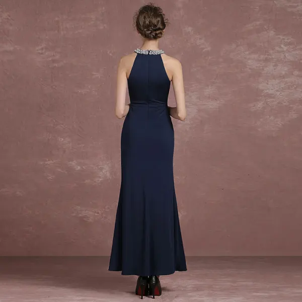 Schlicht Marineblau Abendkleider 2018 Mermaid Stehkragen Bandeau Ärmellos Pailletten Perlenstickerei Perle Knöchellänge Festliche Kleider