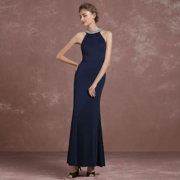 Schlicht Marineblau Abendkleider 2018 Mermaid Stehkragen Bandeau Ärmellos Pailletten Perlenstickerei Perle Knöchellänge Festliche Kleider