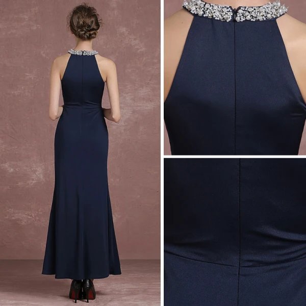 Schlicht Marineblau Abendkleider 2018 Mermaid Stehkragen Bandeau Ärmellos Pailletten Perlenstickerei Perle Knöchellänge Festliche Kleider