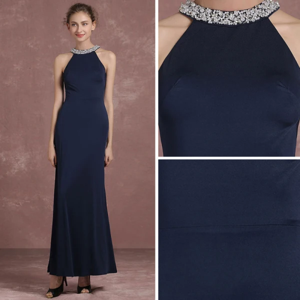 Schlicht Marineblau Abendkleider 2018 Mermaid Stehkragen Bandeau Ärmellos Pailletten Perlenstickerei Perle Knöchellänge Festliche Kleider