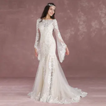 Elegant Champagne Pierced Wedding Dresses 2018 Trumpet Mermaid Square Neckline Long Sleeve Backless Appliques Lace Sweep Train