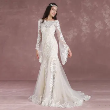 Elegant Champagne Pierced Wedding Dresses 2018 Trumpet Mermaid Square Neckline Long Sleeve Backless Appliques Lace Sweep Train