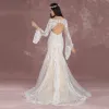 Elegant Champagne Pierced Wedding Dresses 2018 Trumpet / Mermaid Square Neckline Long Sleeve Backless Appliques Lace Sweep Train