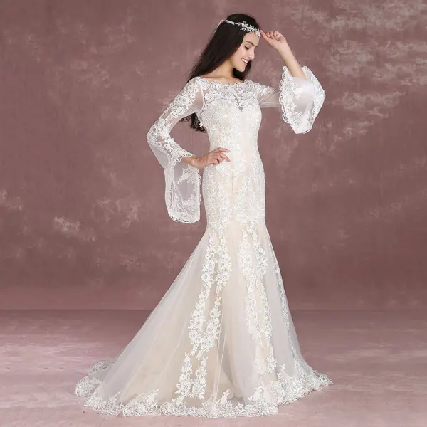 Elegant Champagne Pierced Wedding Dresses 2018 Trumpet / Mermaid Square Neckline Long Sleeve Backless Appliques Lace Sweep Train