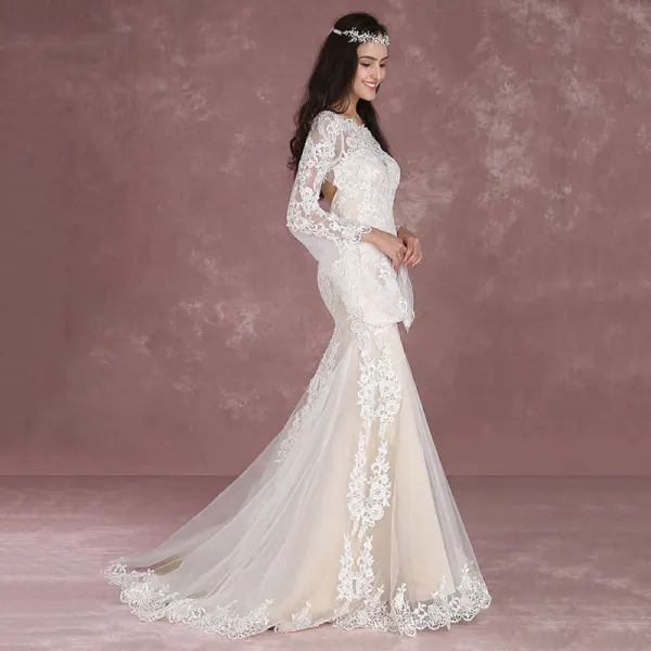 Elegant Champagne Pierced Wedding Dresses 2018 Trumpet / Mermaid Square Neckline Long Sleeve Backless Appliques Lace Sweep Train
