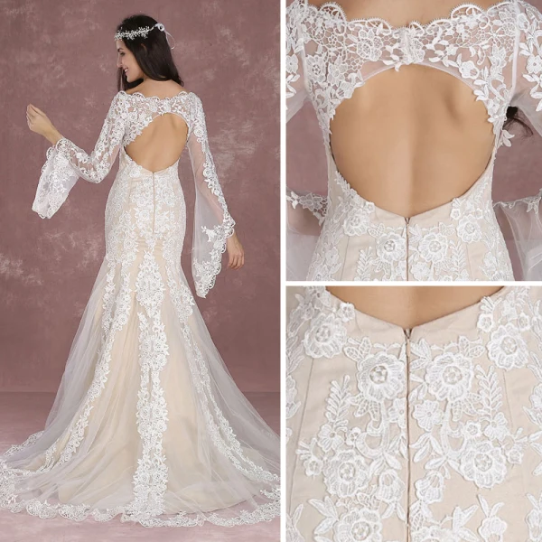 Elegant Champagne Pierced Wedding Dresses 2018 Trumpet / Mermaid Square Neckline Long Sleeve Backless Appliques Lace Sweep Train