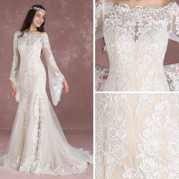 Elegant Champagne Pierced Wedding Dresses 2018 Trumpet / Mermaid Square Neckline Long Sleeve Backless Appliques Lace Sweep Train
