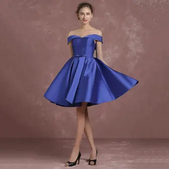 Modest Simple Royal Blue Bridesmaid Dresses 2018 A Line Princess Off The Shoulder Short Sleeve Backless Bow Sash Short Ruffle Wedding Party Dresses