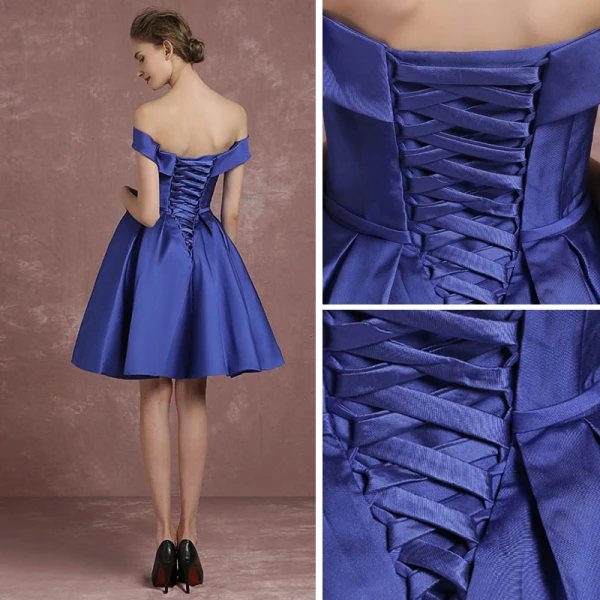Modest / Simple Royal Blue Bridesmaid Dresses 2018 A-Line / Princess Off-The-Shoulder Short Sleeve Backless Bow Sash Short Ruffle Wedding Party Dresses