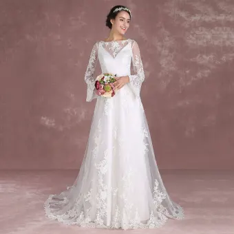 Chic Belle Blanche Robe De Mariée 2018 Princesse Encolure Carrée Manches Longues Dos Nu Appliques En Dentelle Train De Balayage