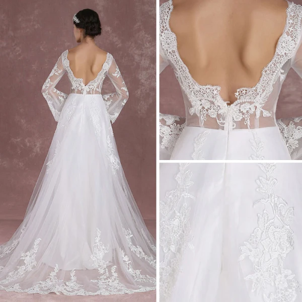 Chic / Belle Blanche Robe De Mariée 2018 Princesse Encolure Carrée Manches Longues Dos Nu Appliques En Dentelle Train De Balayage