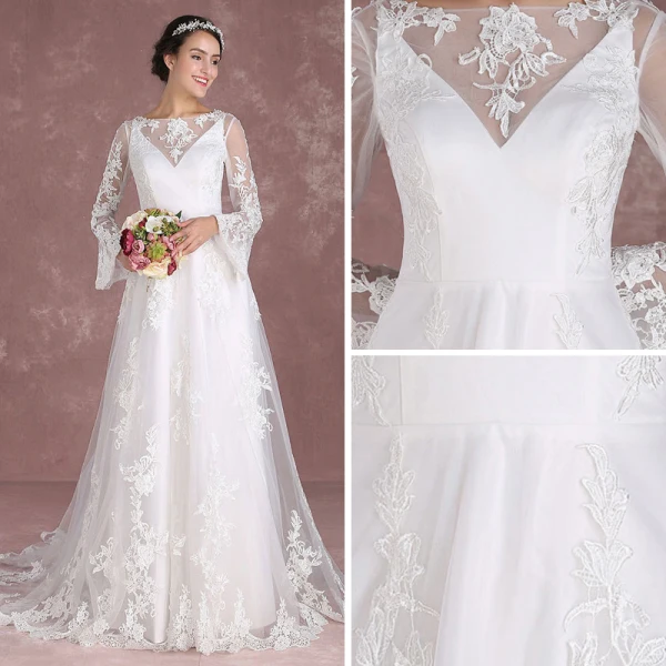 Chic / Belle Blanche Robe De Mariée 2018 Princesse Encolure Carrée Manches Longues Dos Nu Appliques En Dentelle Train De Balayage