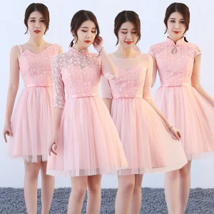 Affordable Pearl Pink Bridesmaid Dresses 2018 A Line Princess Bow Sash Short Ruffle Backless Wedding Party Dresses