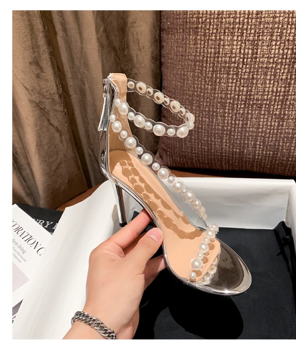 Sexy Summer Black Pearl Ankle Strap Cocktail Party Evening Party Womens Sandals 2021 10 cm Stiletto Heels Open / Peep Toe Sandals High Heels
