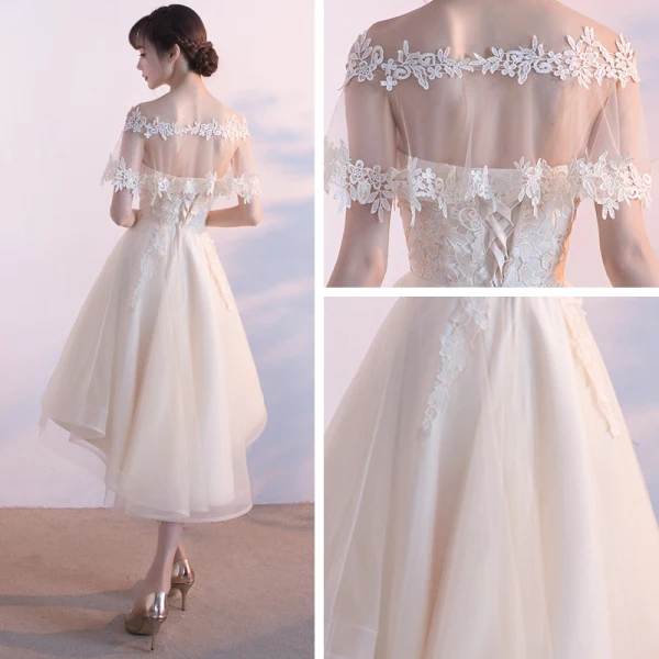 Erschwinglich Schöne Abiballkleider 2017 Mit Spitze Applikationen Rückenfreies Off Shoulder Kurze Ärmel Asymmetrisch Champagner Ballkleid
