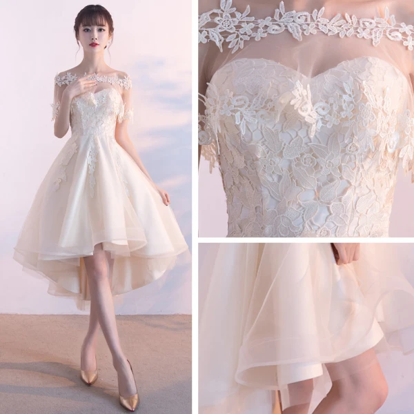 Erschwinglich Schöne Abiballkleider 2017 Mit Spitze Applikationen Rückenfreies Off Shoulder Kurze Ärmel Asymmetrisch Champagner Ballkleid
