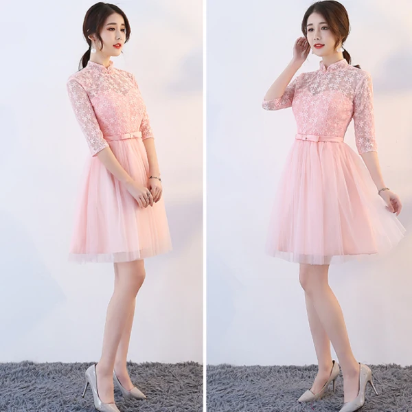 Affordable Pearl Pink Bridesmaid Dresses 2018 A-Line / Princess Bow Sash Short Ruffle Backless Wedding Party Dresses
