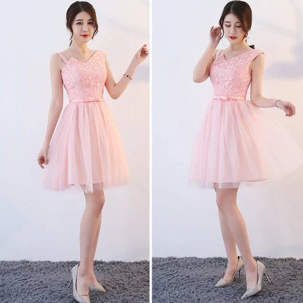 Affordable Pearl Pink Bridesmaid Dresses 2018 A-Line / Princess Bow Sash Short Ruffle Backless Wedding Party Dresses
