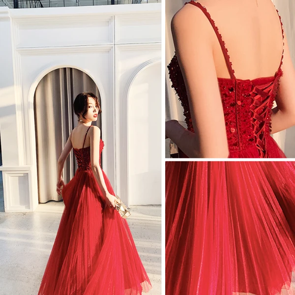 Luxury / Gorgeous Burgundy Prom Dresses 2019 A-Line / Princess Spaghetti Straps Sleeveless Beading Floor-Length / Long Ruffle Backless Formal Dresses