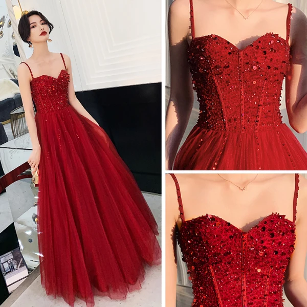 Luxury / Gorgeous Burgundy Prom Dresses 2019 A-Line / Princess Spaghetti Straps Sleeveless Beading Floor-Length / Long Ruffle Backless Formal Dresses