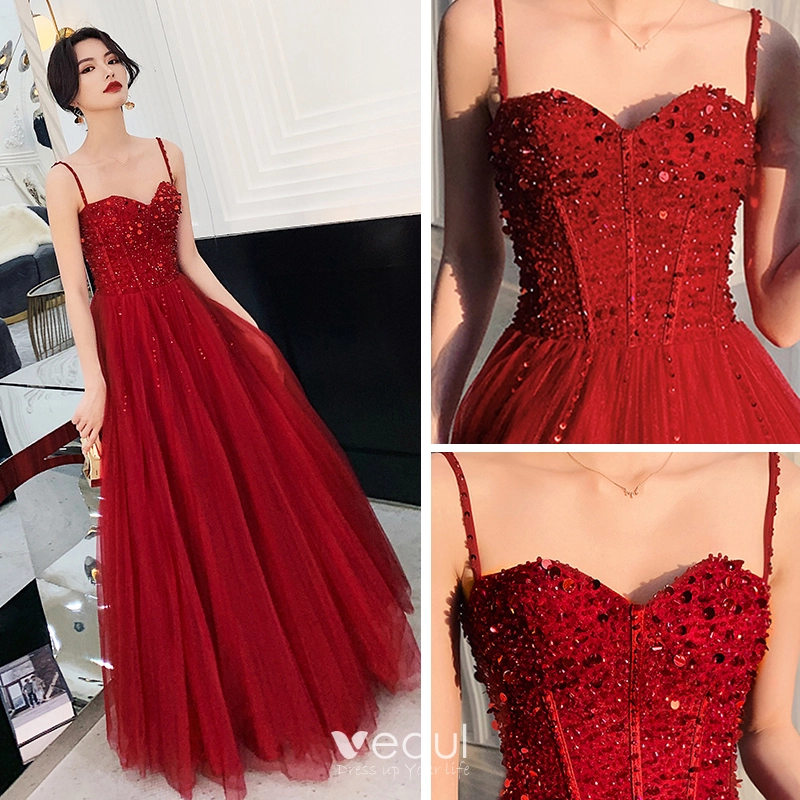 Luxury Gorgeous Burgundy Prom Dresses 2019 A Line Princess Spaghetti Straps Sleeveless Beading Floor Length Long