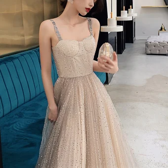 Bling Bling Champagne Prom Dresses 2019 A Line Princess Shoulders Sleeveless Glitter Tulle Floor Length Long Ruffle Backless Formal Dresses