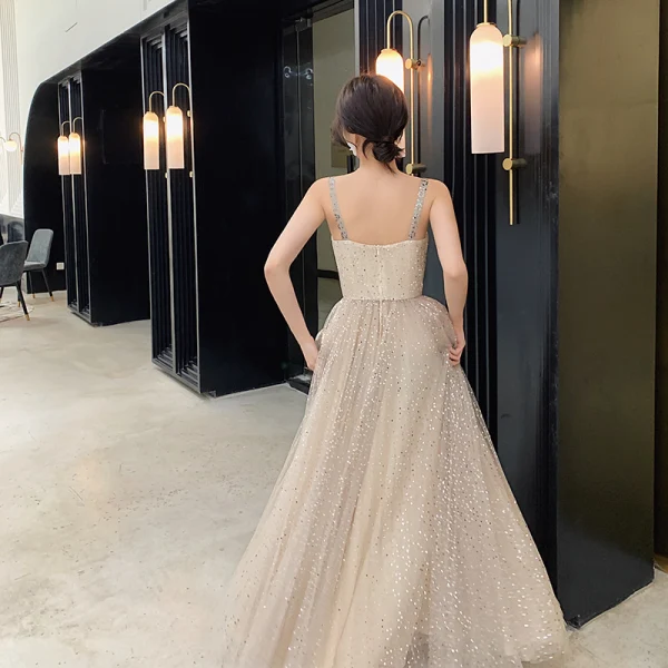 Bling Bling Champagne Prom Dresses 2019 A-Line / Princess Shoulders Sleeveless Glitter Tulle Floor-Length / Long Ruffle Backless Formal Dresses