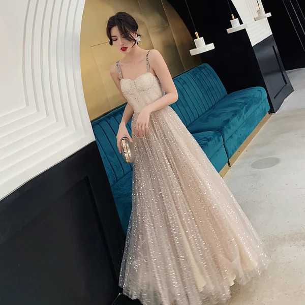 Bling Bling Champagne Prom Dresses 2019 A-Line / Princess Shoulders Sleeveless Glitter Tulle Floor-Length / Long Ruffle Backless Formal Dresses