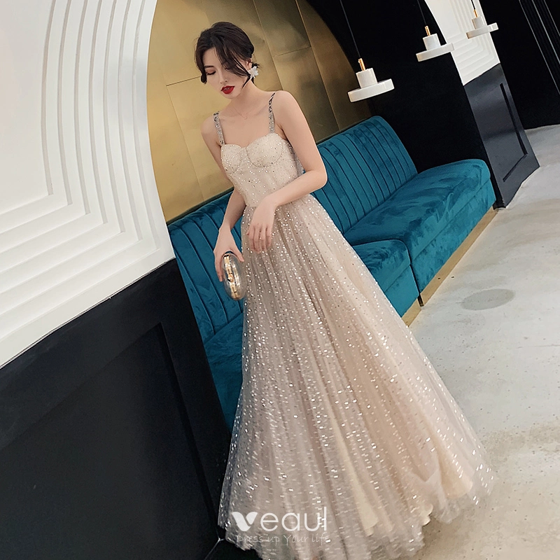 Bling Bling Champagne Prom Dresses 2019 A Line Princess Shoulders Sleeveless Glitter Tulle Floor Length Long Ruffle Backless Formal Dresses