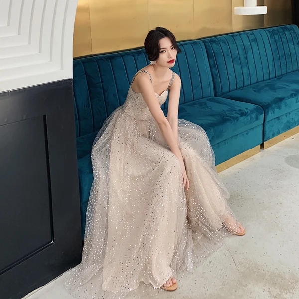 Bling Bling Champagne Prom Dresses 2019 A-Line / Princess Shoulders Sleeveless Glitter Tulle Floor-Length / Long Ruffle Backless Formal Dresses