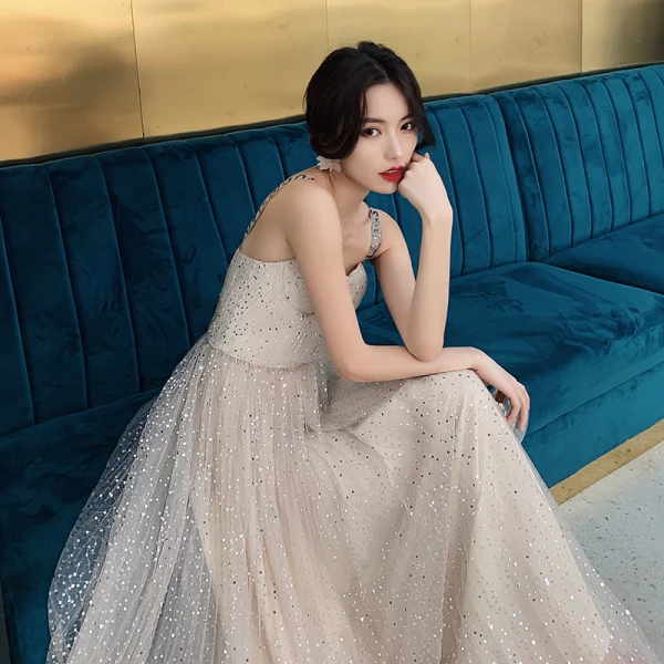 Bling Bling Champagne Prom Dresses 2019 A-Line / Princess Shoulders Sleeveless Glitter Tulle Floor-Length / Long Ruffle Backless Formal Dresses
