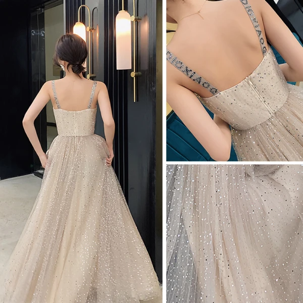 Bling Bling Champagne Prom Dresses 2019 A-Line / Princess Shoulders Sleeveless Glitter Tulle Floor-Length / Long Ruffle Backless Formal Dresses