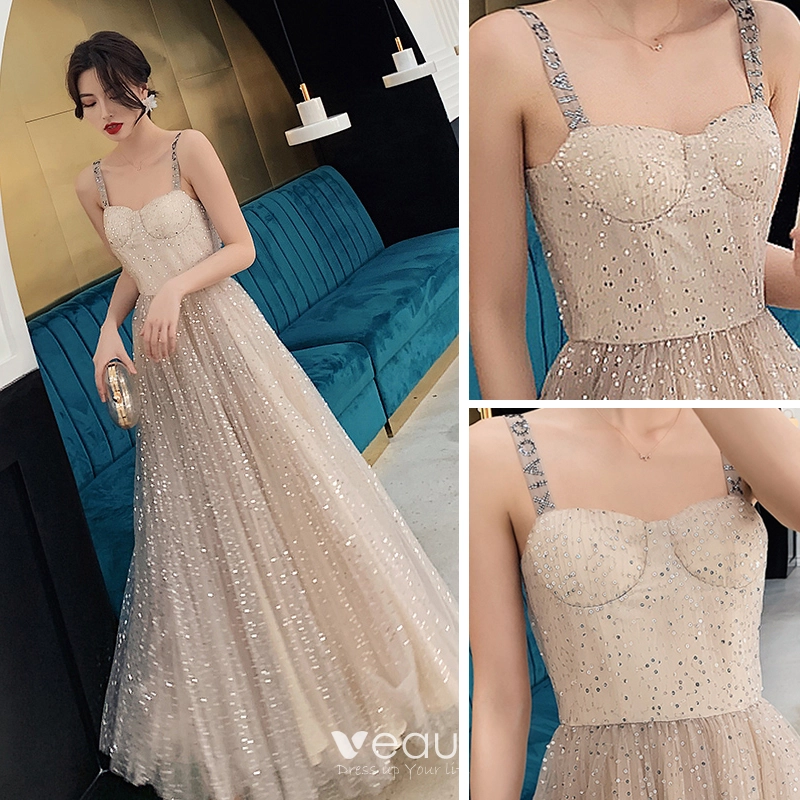 Bling Bling Champagne Prom Dresses 2019 A Line Princess Shoulders Sleeveless Glitter Tulle Floor Length Long