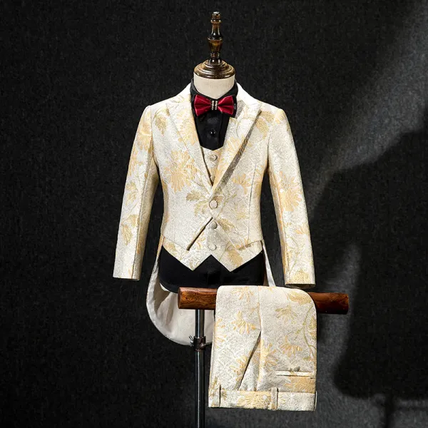 Champagne Gold Embroidered Tailcoat / Tuxedo Coat Burgundy Tie Boys Wedding Suits 2019
